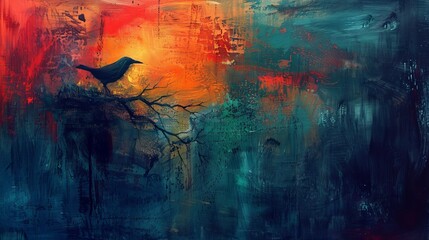 Naklejka na meble A lonely bird sits on a branch against a backdrop of an abstract colorful sky.