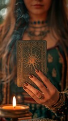 The sun card and tarot cards are held by the fortune teller. Tarot cards with candles in the flames. The idea of astrologists and predicting.