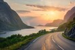 A beautiful highway in Norway with the sun setting over mountains and sea