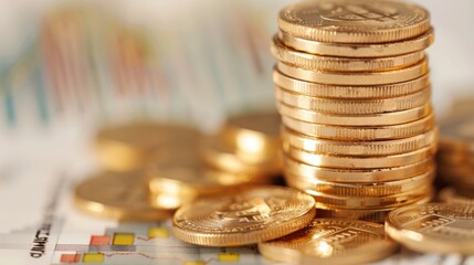 Poster - Close-up of a golden coin stacked on top of financial charts, representing wealth accumulation through gold investment.