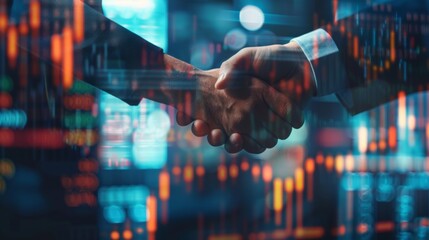 Poster - Close-up of a handshake between two business partners with financial charts in the background, symbolizing successful collaboration and agreements in finance.