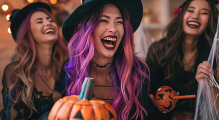Wall Mural - A group of friends dressed in Halloween costumes, laughing and holding an orange pumpkin bucket filled with candy while celebrating at home on Halloween night