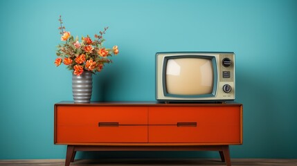 Retro old television on a table in the living room with solid color walls.