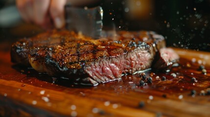 Wall Mural - Close-up of a juicy steak being sliced on a wooden cutting board, revealing its tender and mouthwatering texture, perfect for steak lovers.