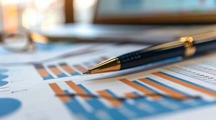 Aufkleber - Close-up of a pen analyzing details on a financial report with a business graph in the background, illustrating thorough examination and analysis.