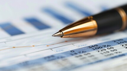Aufkleber - Close-up of a pen analyzing details on a financial report with a business graph in the background, illustrating thorough examination and analysis.