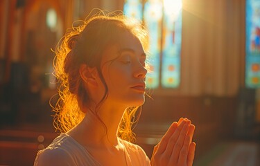 Wall Mural - A young woman in a church, praising God. Religious belief and belief in God