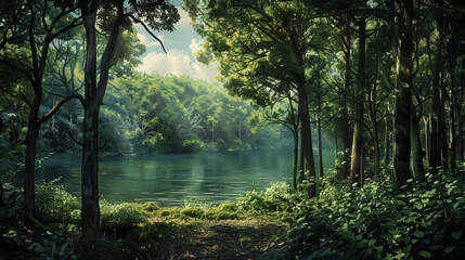 A vivid panorama of an enchanted forest, lush green foliage, shimmering light filtering through dense trees, a serene lake in the distance.