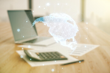 Poster - Virtual digital map of North America on calculator and laptop background, international trading concept. Multiexposure