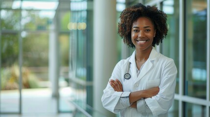 Wall Mural - Happy black woman, picture, and doctor with arms crossed at wellness or medical care clinic. Medical care and young female hospital worker with trust