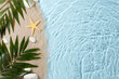 Idyllic beach scene with smooth sand, a starfish, and lush green leaves against the shimmering blue water, perfect for creating a tranquil background or as a vibrant space for advertising text