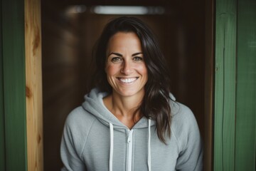 Wall Mural - Portrait of a smiling woman in her 40s sporting a comfortable hoodie in front of rustic wooden wall