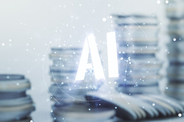 Aufkleber - Abstract virtual artificial Intelligence symbol hologram on stacks of coins background. Multiexposure