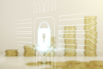 Aufkleber - Virtual creative lock symbol and microcircuit illustration on stacks of coins background. Protection and firewall concept. Multiexposure