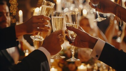 A group of individuals raising their champagne stemware in a celebratory toast, clinking glasses filled with the sparkling alcoholic beverage