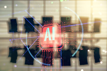 Poster - Double exposure of creative artificial Intelligence abbreviation hologram on a modern boardroom background. Future technology and AI concept