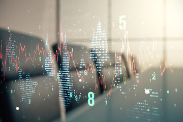 Poster - Multi exposure of virtual creative financial chart hologram on a modern meeting room background, research and analytics concept