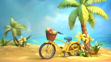 Leisurely Tropical Beach Cruiser With Vibrant Floral Basket Against Swaying Palm Tree