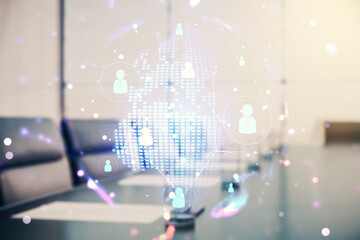 Aufkleber - Virtual social network media hologram and world map on a modern coworking room background. Double exposure