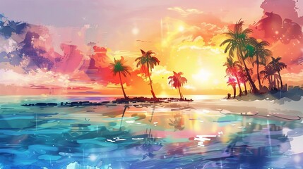Wall Mural - tropical paradise sunset over the ocean with palm trees and a blue poster in the foreground