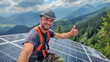 A handyman wearing work gear installing solar panels showing thumbs up. europa, usa and the west.