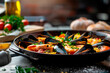 Traditional spanish seafood paella. Close up