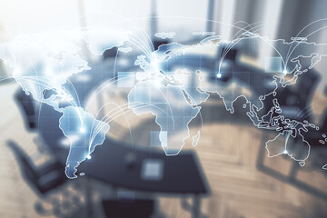 Poster - Abstract graphic digital world map hologram with connections on a modern coworking room background, globalization concept. Multiexposure