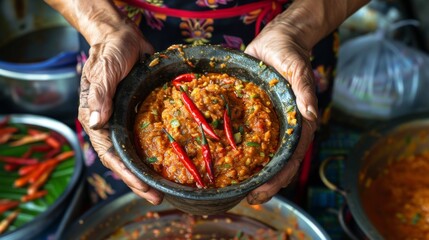 Hands holding a bowl of Thai curry paste made with chili peppers and spices, illustrating the essence of Thai culinary craftsmanship.