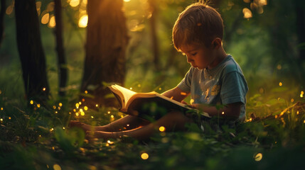 Wall Mural - A young boy sitting in the grass, engrossed in reading a book