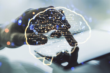 Poster - Creative artificial Intelligence concept with human brain sketch and finger presses on a digital tablet on background. Double exposure