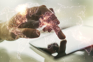 Poster - Abstract creative world map and finger clicks on a digital tablet on background, international trading concept. Multiexposure