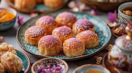 Festive holiday table with Ramadan traditional oriental pastries of the Ramadan period, Arabic Cuisine, Middle Eastern sweets assortment dessert. Genertive ai