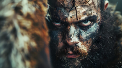 Wall Mural - A detailed close-up of a Viking berserker with wild eyes and animal furs. Epic shot.


