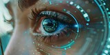 Fototapeta  - Biometric, digital, and cyber security with woman's eye scan for identity, verification, or facial recognition. Technology, future, and AI with female laser scanner for hologram, touch, or data
