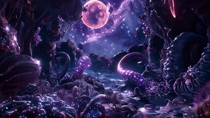 Wall Mural - a dark, mysterious, and alien-like landscape with a large purple moon in the background. the scene i