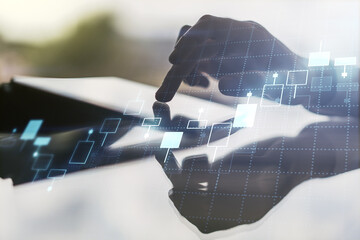 Poster - Multi exposure of abstract creative financial chart with finger presses on a digital tablet on background, research and analytics concept