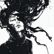 Illustration of a Woman.  Generated Image.  A digital illustration of a woman in black and white with eyes closed and long cascading hair.