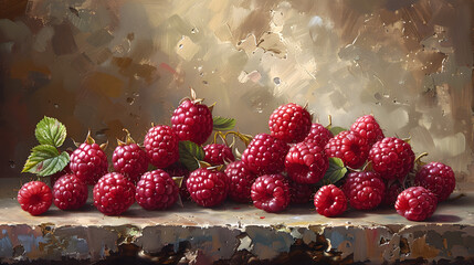 Wall Mural - Juicy raspberries depicted on a table in a painting