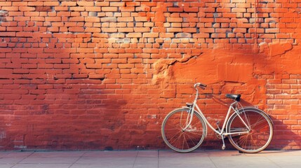 bicycle leaning against red brick wall with copy space, vintage color tone. world bicycle day background concept.