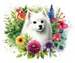 Watercolor painting of an American Eskimo dog with flowers