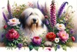 Watercolor painting of an Old English Sheepdog with flowers