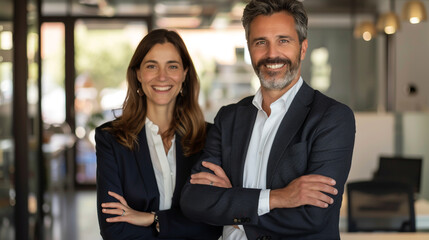 Wall Mural - A confident male and female executive duo, arms crossed, wearing smiles, pose for the camera in an office setting.