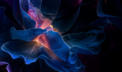 close up surreal dark blue rose with glowing light and dew drops on petals on black background.