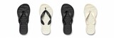 Fototapeta  - Slippers and flip flops at the beach, vector design template. Realistic 3d blank mockup. Sign with beach slippers. Black and White Flip Flops. isolated on white background 