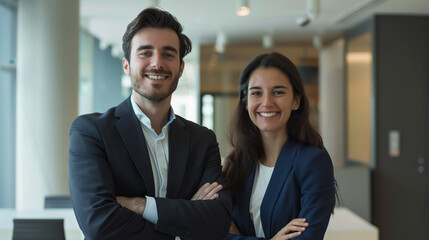 Wall Mural - A confident male and female executive duo, arms crossed, wearing smiles, pose for the camera in an office setting.