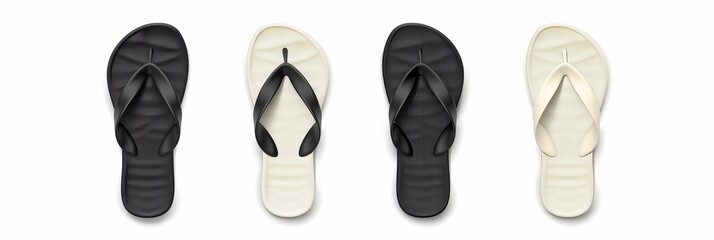 Slippers and flip flops at the beach, vector design template. Realistic 3d blank mockup. Sign with beach slippers. Black and White Flip Flops. isolated on white background 