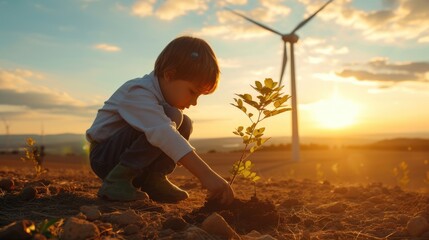 Happy children planting a tree surrounded with wind mill and sitting. Attractive elementary student growing a tree in the garden. Environmental saving world concept. Sustainable energy. AIG42.