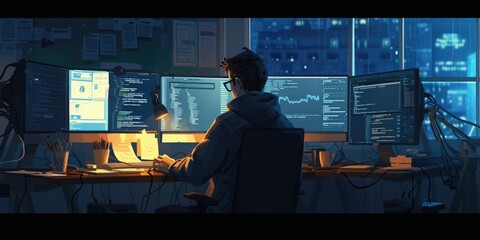 Fototapete - attractive professional software developer coding program or engineering prompt. skilled programmer 