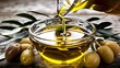 Pouring golden olive oil into glass bowl with olives and leaves . Concept Food Photography, Cooking Inspiration, Healthy Eating, Mediterranean Cuisine
