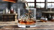 Whiskey being poured into glass creating dynamic splash in dramatic image . Concept Whiskey Splash, Dynamic Pour, Dramatic Image, Beverage Photography
